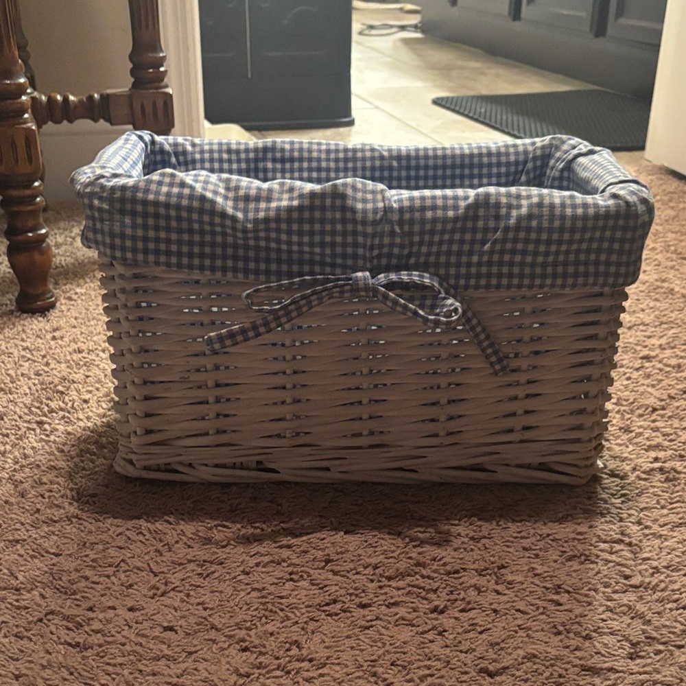 Blue Gingham Lined Wicker Basket